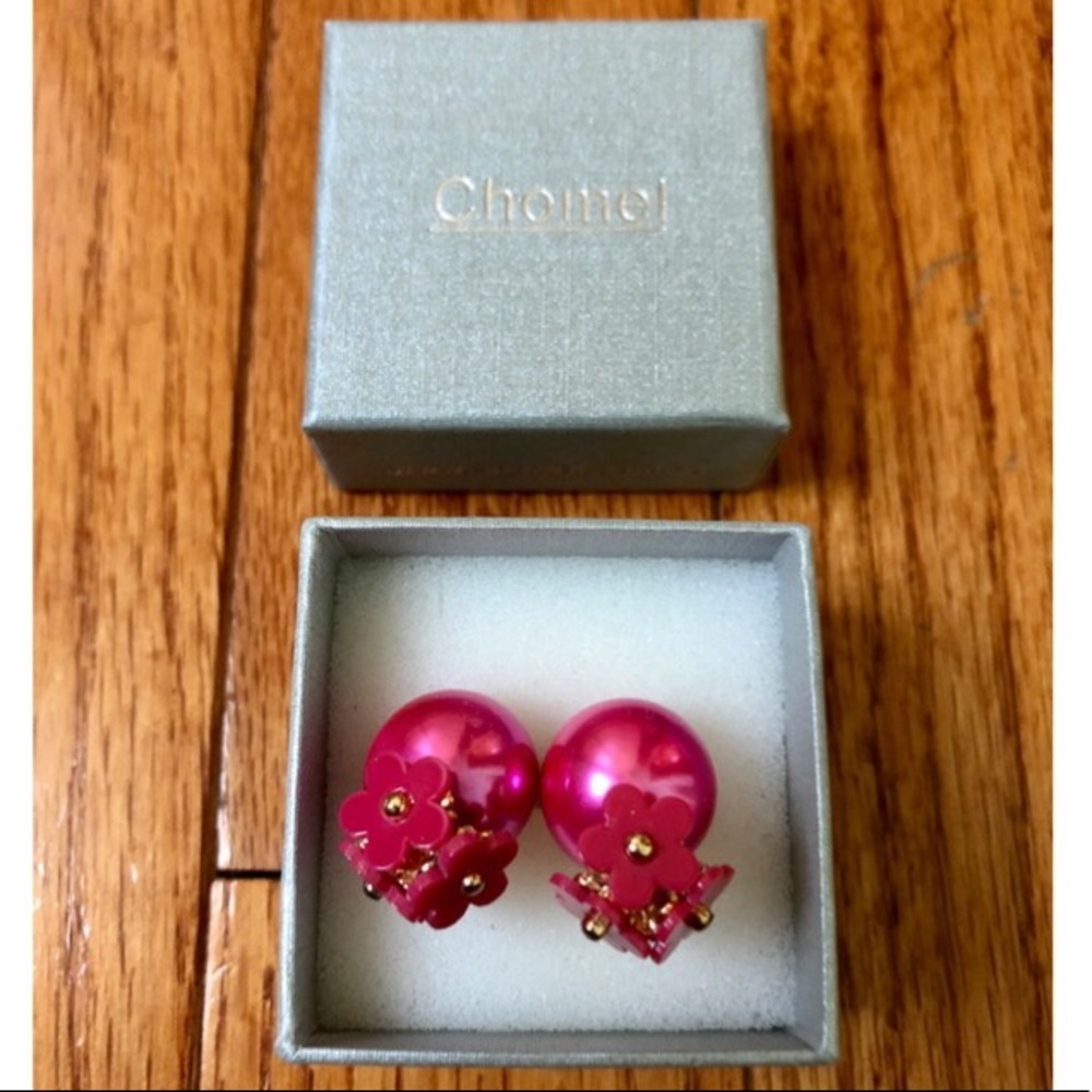Chomel Pink Flower Pearl Drop Earrings